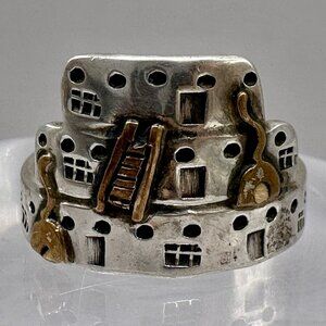 Pueblo Village Ladder Ring Signed Running Bear RB Sterling Silver Copper Sz 8